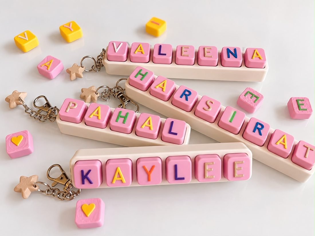 Four pink name clickers with colorful letters spelling Valeena, Harsirat, Pahal and Kaylee